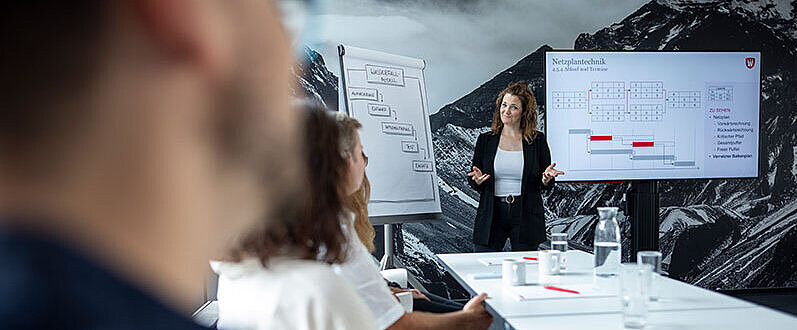 IPMA Level D Training: Trainerin erkl&auml;rt Inhalte am Whiteboard vor Teilnehmenden
