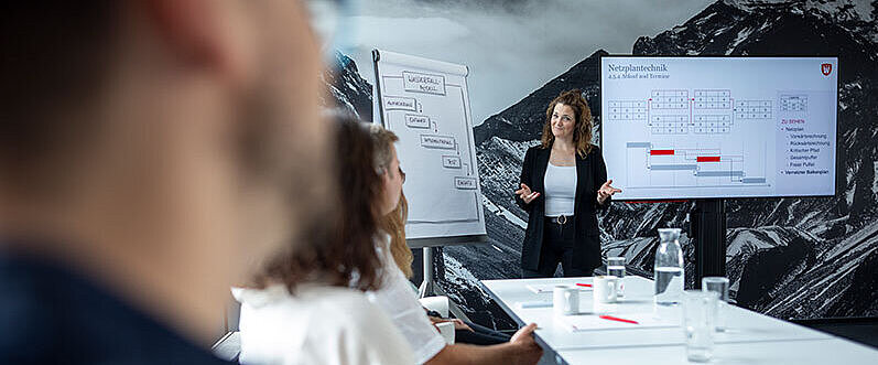 IPMA Level D Training: Trainerin erkl&auml;rt Inhalte am Whiteboard vor Teilnehmenden