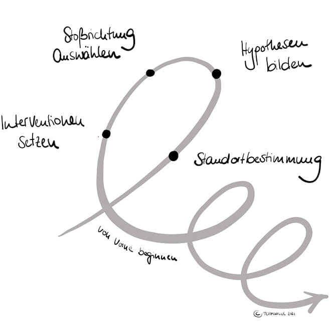 iteratives vorgehen in der organisationsentwicklung: Standortbestimmung, Hypothesen bilden, Stoßrichtung auswählen, Interventionen setzen