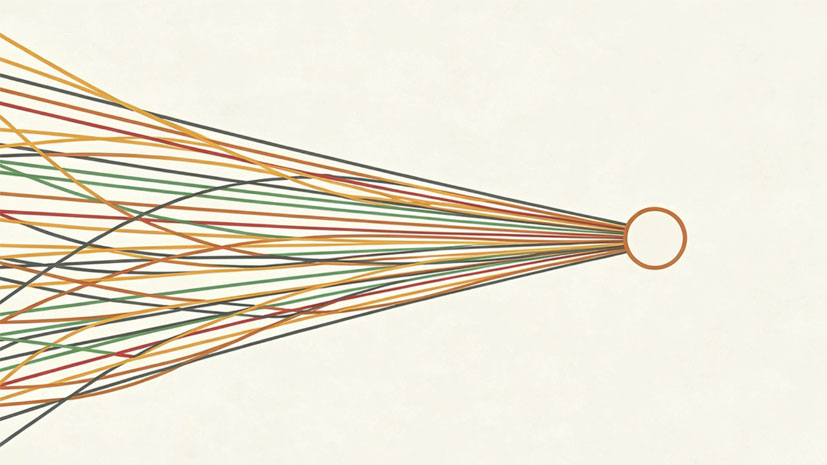 Abstrakte Header-Grafik, die Projektmanagement symbolisiert: Viele unstrukturierte, farbige Linien laufen von links kommend in einem geordneten, zentralen Knotenpunkt auf der rechten Seite zusammen. Dies visualisiert die B&uuml;ndelung und Organisation von Aufgaben in einem Gro&szlig;projekt.
