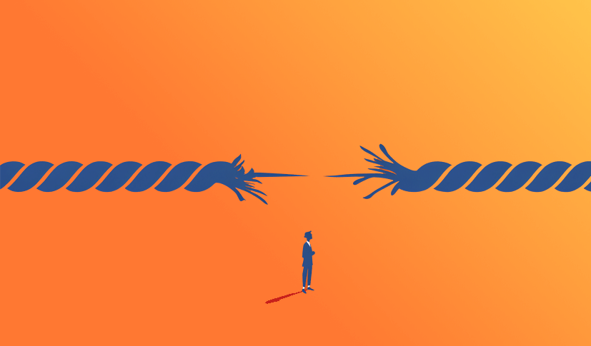 Minimalistische Illustration vor orangem Hintergrund: Ein dickes, blaues Tau steht kurz vor dem Zerrei&szlig;en. Darunter blickt eine kleine Silhouette einer Person nach oben auf die Bruchstelle &ndash; ein Sinnbild f&uuml;r eine erreichte oder &uuml;berschrittene Risikof&auml;higkeit.